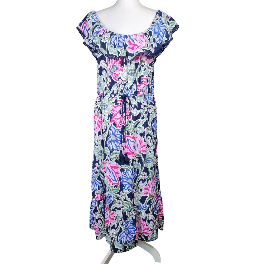 Loft Midi Dress Womens Large Navy Pink Pom Pom Boho Cottagecore Casual Vacation